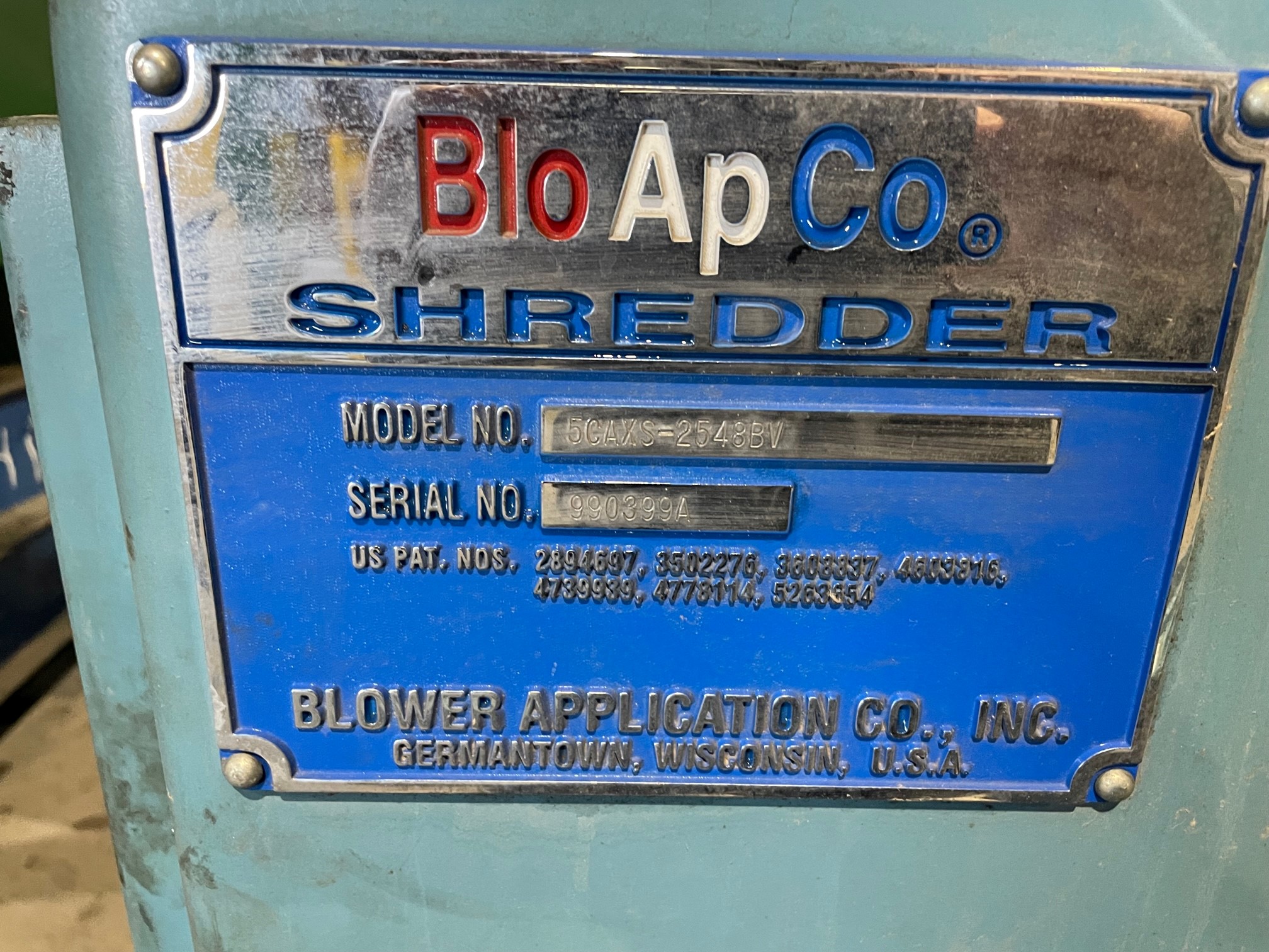 9196 BloApCo 5CAXS 2548BV Shredder Name plate LG