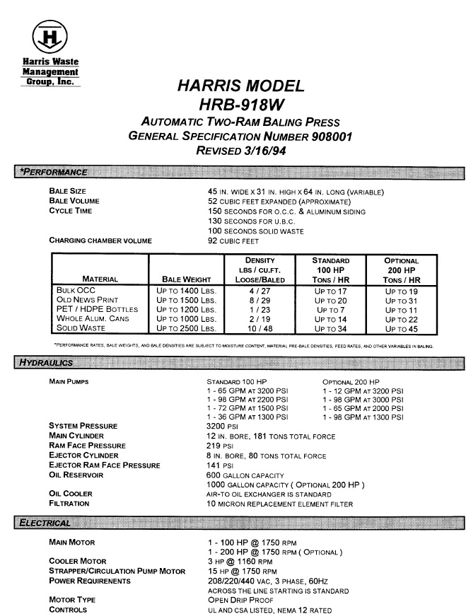 Harris HRB 918W Specs1